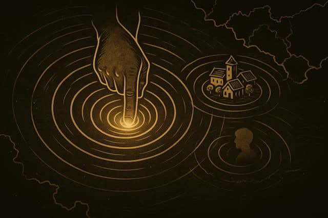 An illustration of a single choice creating ripples that spread out to cause both immediate and long-term consequences across a game world.