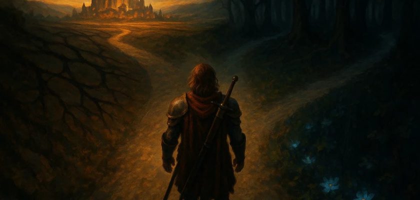 A fantasy hero stands at a moral crossroads, choosing between a treacherous path to a bright city and a hopeful path through a dark forest, symbolizing meaningful choices in RPGs.